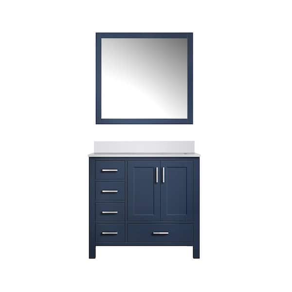 Jacques 36 in. W x 22 in. D Right Offset Navy Blue Bath Vanity, White Quartz Top, and 34 in. Mirror