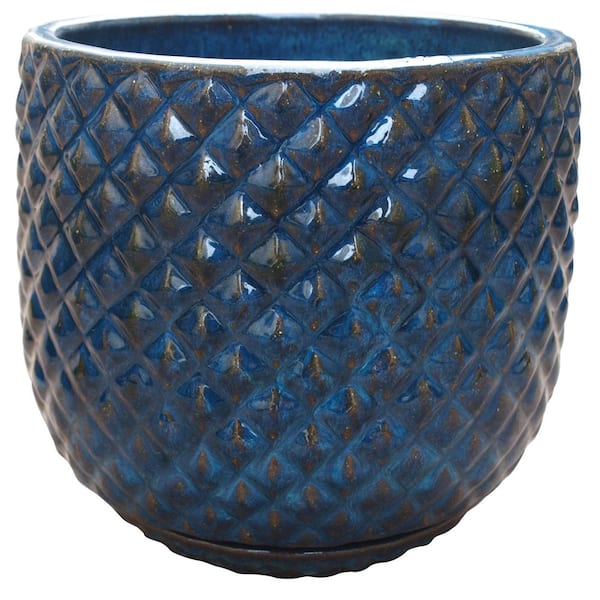 Trendspot 12 in. Blue Pinequilt Ceramic Planter Decorative Pots