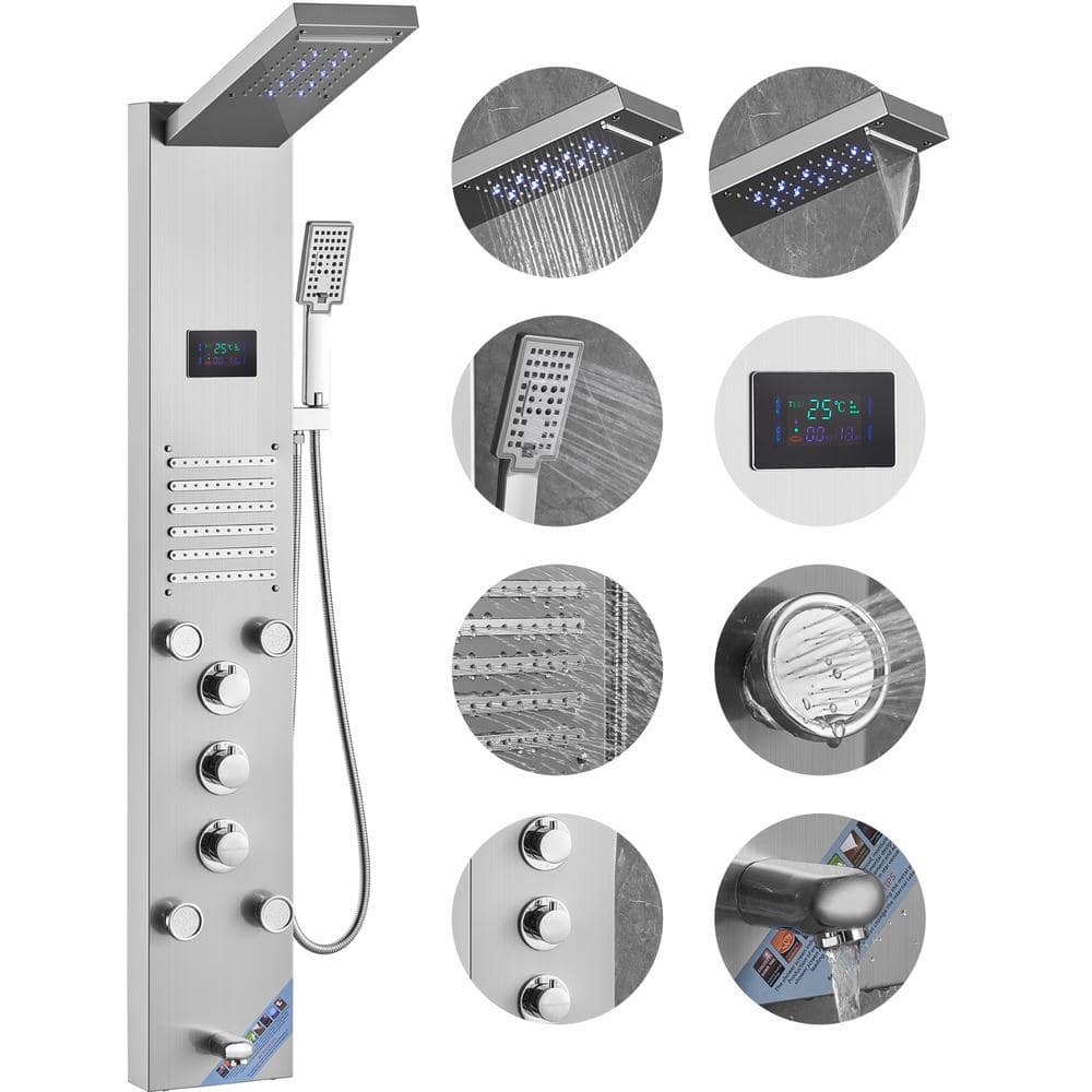 53'' Stainless Steel Shower Panel with LED Display and Massage Jets