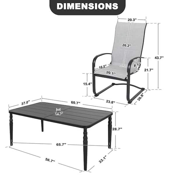 Black 7-Piece Metal Rectangle Outdoor Dining Set with 6 C-Spring Motion Padded Textilene Chairs and Umbrella Hole