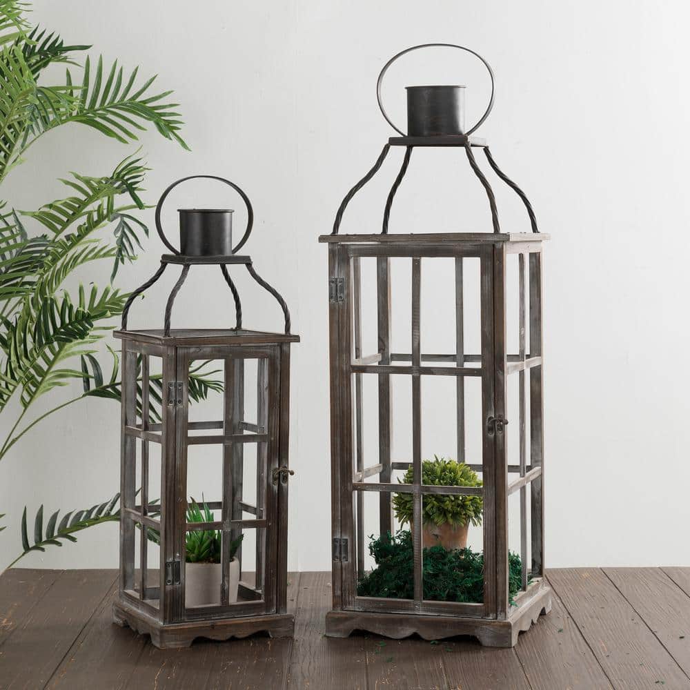 Rustic Farmhouse Wood Candle Lantern Set for Tabletop Decor