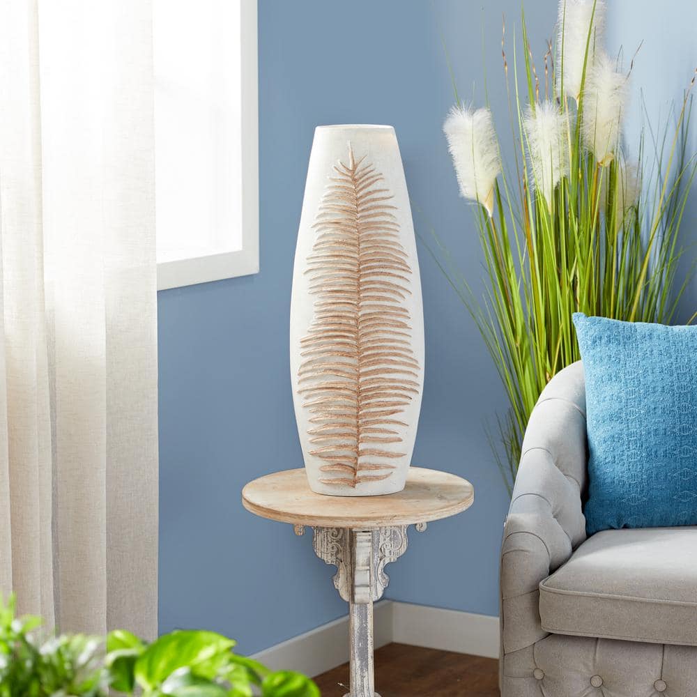 Bohemian White Leaf Polystone Floor Vase 9" x 25"