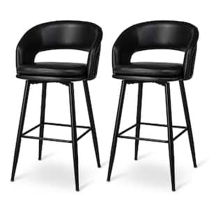 Seat Height 30in. H Modern Black Leatherette Bar Stool with Nailhead Trim and Thick Metal Tapered Legs（Set of 2）