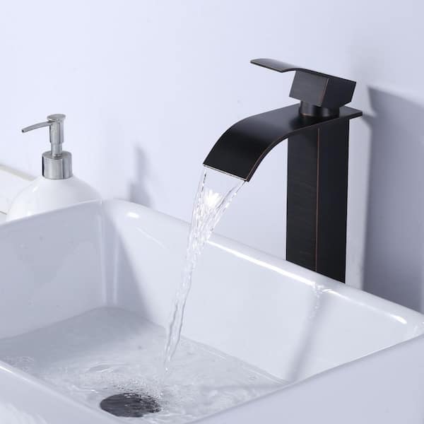 Stainless Steel Single Handle Waterfall Single Hole Bathroom Faucet with Drain and Supply Lines in Oil Rubbed Bronze