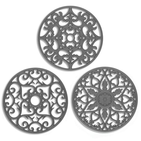 Grey Silicone Trivets 3-Piece Set for Hot Dishes, Flexible Round Mats for Counter and Table Protection
