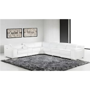 139.00 in. Round Arm 7 piece Leather L-Shaped Sectional Sofa in. White