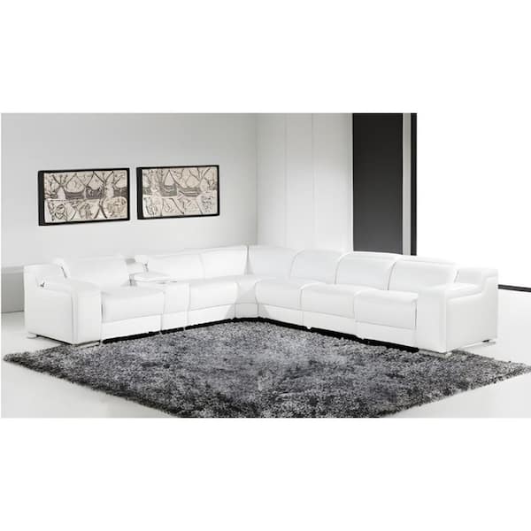 139.00 in. Round Arm 7 piece Leather L-Shaped Sectional Sofa in. White