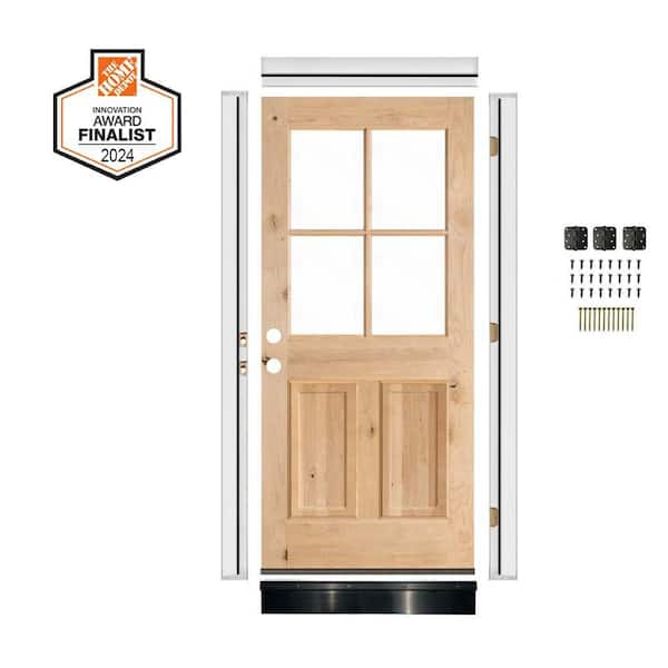 DIY 32 in. x 80 in. Right-Handed 4-Lite Clear Glass Unfinished Knotty Alder Wood Front Door Kit w/ Quick Assemble Jamb