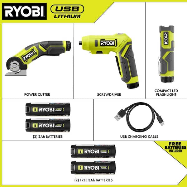 USB Lithium 3-Tool Combo Kit w/ Flashlight, Screwdriver, Cutter, (2) Batteries, Charger & USB Lithium 3Ah Battery (2Pk)