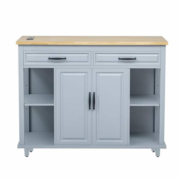 Coastal 47 in. Rubber Wood Blue-gray Kitchen Cart with Cabinets and Extendable Dining Table