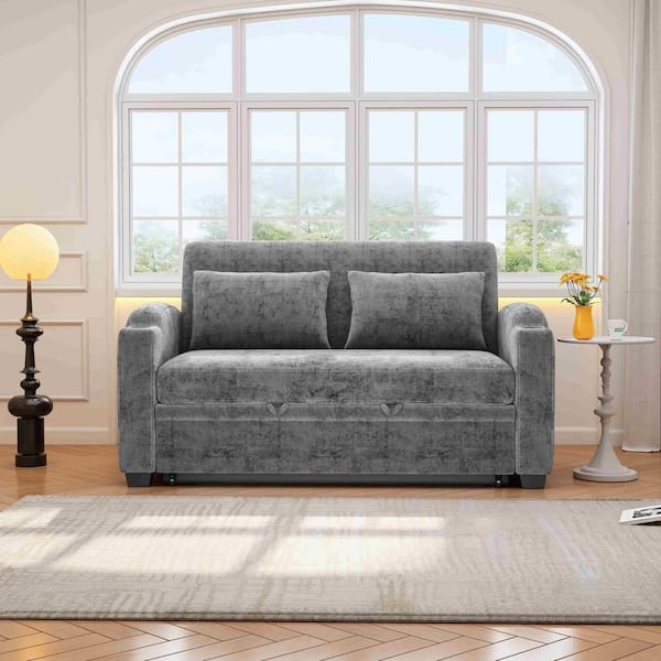 61.42 in. Square Arm Chenille Rectangle Sofa with Sofa Bed, Pillows, USB Ports and Cup Holders in Gray (Seats 2)