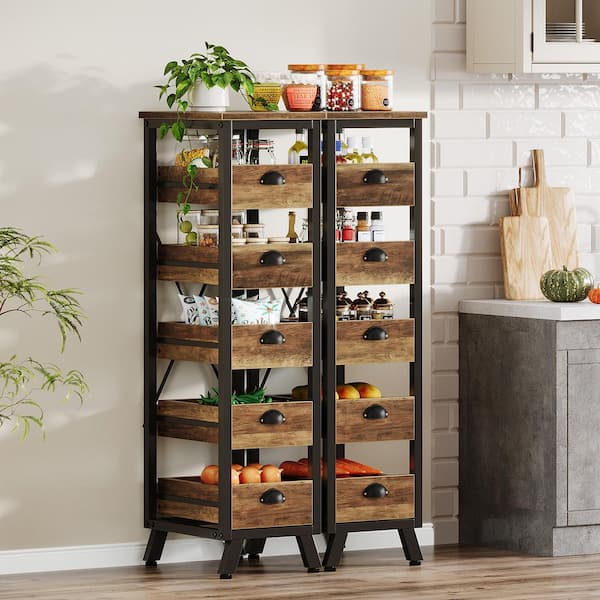 Keenyah Brown 5-Shelf Wood 11.81 in.W x 44.88 in.H Bakers Rack,5-Tier Snack Stand Pull-Out Organizer for Kitchen 2-Piece