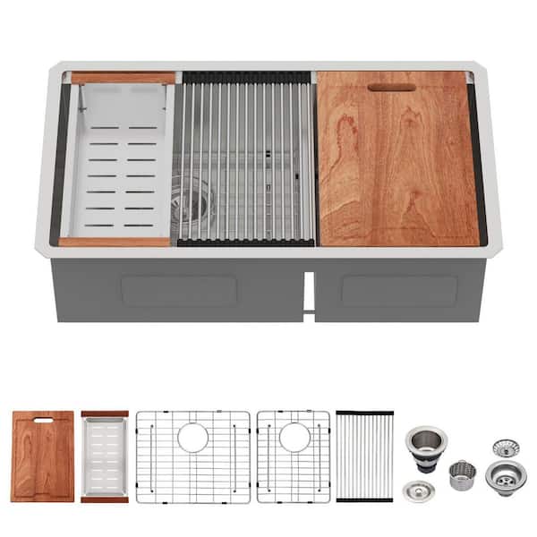 33 in. Undermount 60/40 Double Bowl 16 Gauge Stainless Steel Low Divide Workstation Kitchen Sink with Strainers