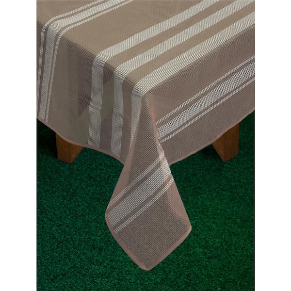 Lintex Bistro Stripe 60 in. x 84 in. Sand Vinyl and Poly Tablecloth