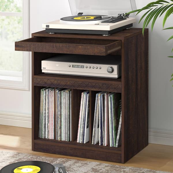 MAZEFUR Retro Brown Record Player Stand Table with Hidden Compartment Turntable Stand with Vinyl Storage Holds Upto 180-Albums
