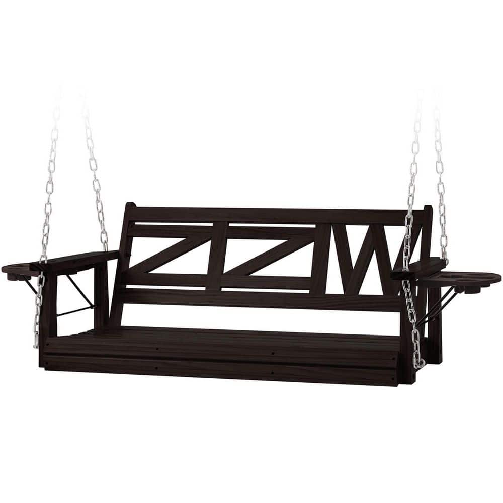 2-Person Wooden Black Waterproof and Anti-Corrosion Porch Swing with Hangin