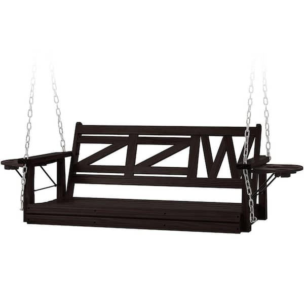 Unbranded 2-Person Wooden Black Waterproof and Anti-Corrosion Porch Swing with Hanging Chains and Upgraded Cupholders