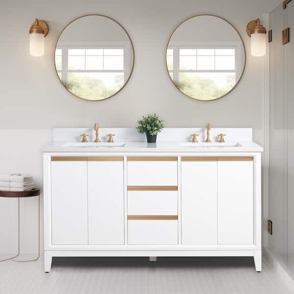 Vanity Art 60 in. W x 22 in. D x 34 in. H Double Sink Bathroom Vanity in White with Engineered Marble Top