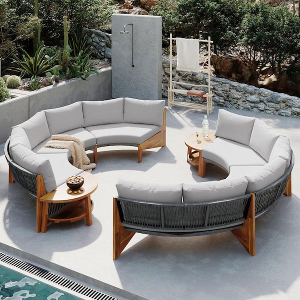 3-Piece Acacia Wood Patio Conversation Set with Gray Cushions