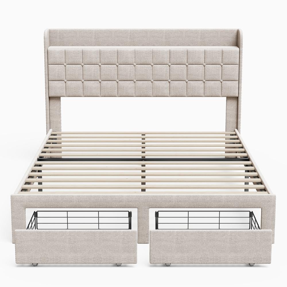 Beige Upholstered Linen Headboard Metal Frame Queen Size Platform Bed Bed Frame with 2 Storage Drawers