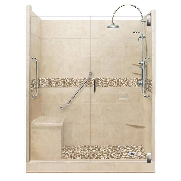 American Bath Factory Roma Freedom Luxe Hinged 36 in. x 60 in. x 80 in. Right Drain Alcove Shower Kit in Brown Sugar and Chrome Hardware