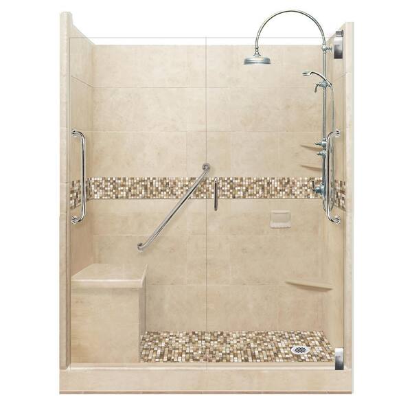 American Bath Factory Roma Freedom Luxe Hinged 34 in. x 60 in. x 80 in. Right Drain Alcove Shower Kit in Brown Sugar and Satin Nickel Hardware