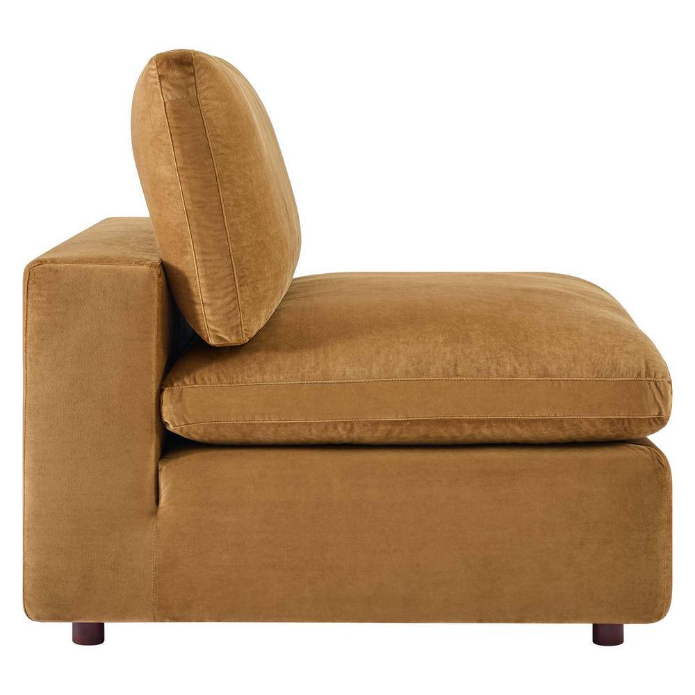 Cognac Velvet Armless Chair with Wood Frame