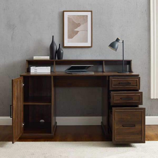 3 Drawer Pedestal Writing Desk Hutch, Wooden Office Desk With Shelves