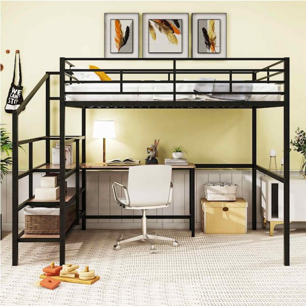 Black Full Size Loft Bed with Desk and Lateral Storage Ladder