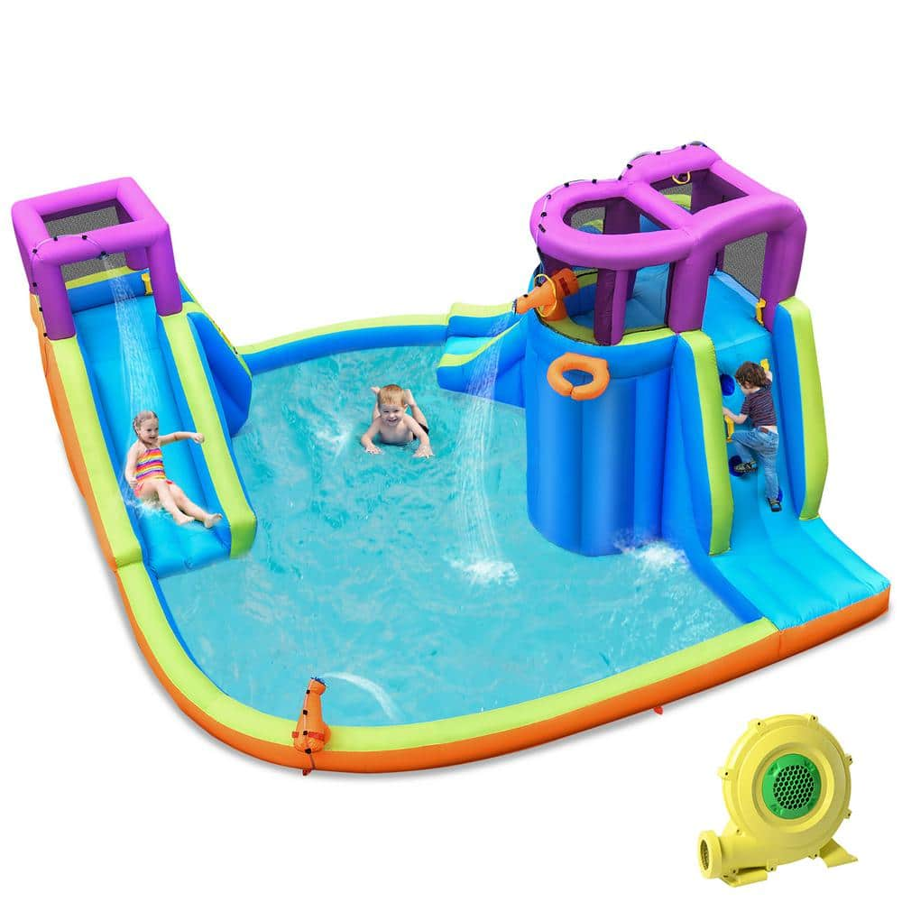 Costway Multi-Color 6-In-1 Inflatable Dual Slide Water Park Climbing Bouncer with 950-Watt Blower