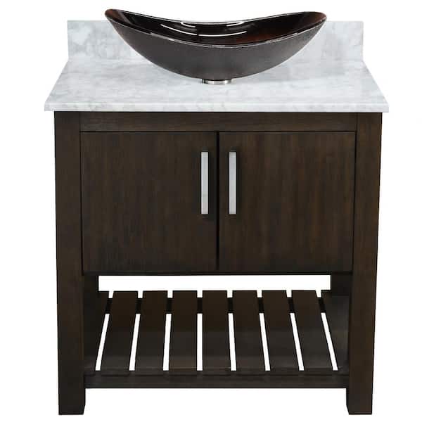 Novatto Ocean Breeze 31 in. x 22 in. W x 31 in. H 1-Black/Silver Sink CH Bath Vanity in Cafe Mocha with Carrara White Marble Top