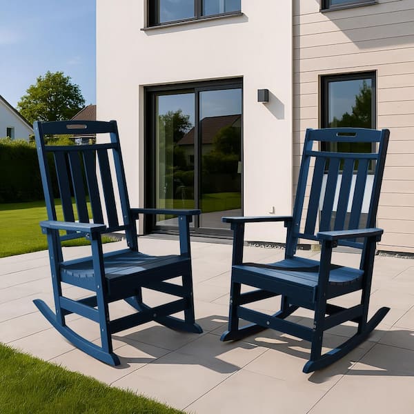 Navy Blue HDPE Plastic Outdoor Rocking Chair, Porch Deck Rocker, 2 Pack