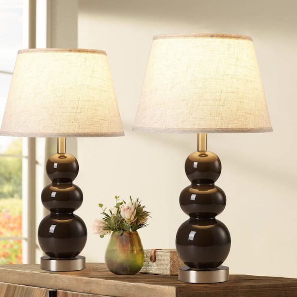 24.56 in. Gray Modern Ceramic Table Lamp with White Linen Shade and USB Ports and Bulb Included for Living Room Bedroom