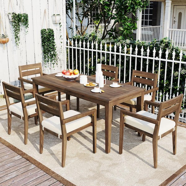 Unbranded Brown 7-Piece Acacia Wood Outdoor Dining Set with Beige Cushion Suitable for Patio, Balcony Or Backyard