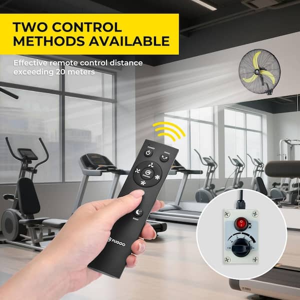 30 in. Oscillating Wall Mounted Fan in Black with Yellow Blades, All Sealed Brushless DC Motor, Waterproof, Remote
