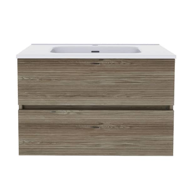 29.92 in. W x 18.31 in. D x 19.57 in. H Wall-Mounted Bath Vanity Set in Oak with White Ceramic Top