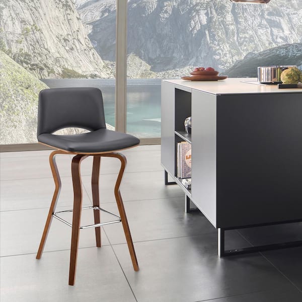Armen Living Gerty 30-40 in. Bar Height Low Back Swivel Grey Faux Leather and Walnut Wood Bar Stool