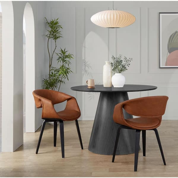 Curvo Camel Faux Leather and Black Wood Upholstered Chair (Set of 2)