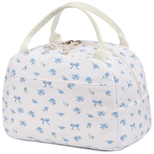 10L Insulated Lunch Bag with Front Pocket, Reusable Cooler Tote, Blue Floral