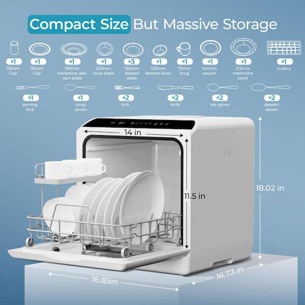 SIMZLIFE 16.85 in. Portable Countertop Dishwasher in White with 3-Cycles, 6-Modes, 4-Place Settings Capacity and LED Touch Screen DW001-5WH-EH-HD