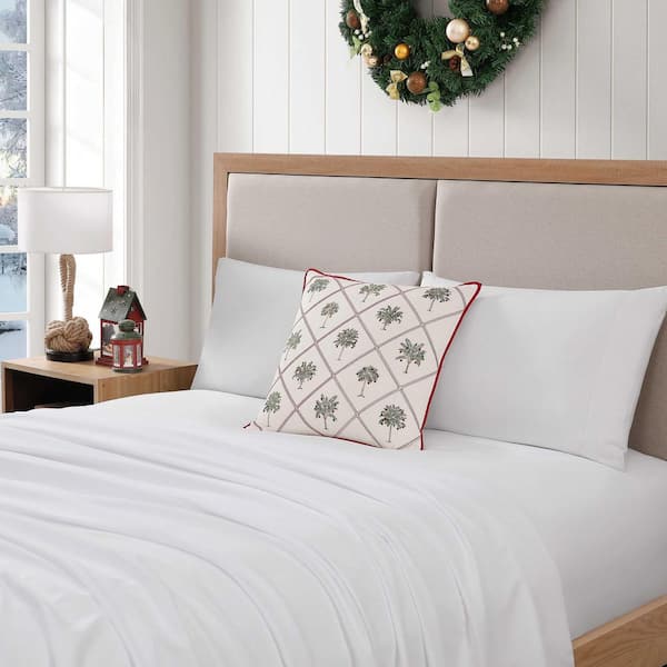 Palm Tree Trellis 1-Piece White/Red Cotton Percale 20 in. x 20 in. Decorative Pillow