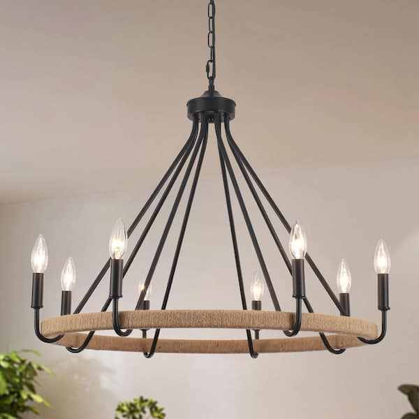 LWYTJO 8-Light Black Farmhouse Chandelier Wagon Wheel Candlestick Light Fixture for Kitchen Island