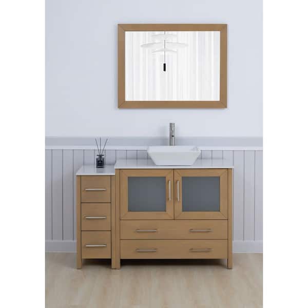 48 in. W Single Basin Natural Oak Bath Vanity with White Engineered Marble Top and Mirror