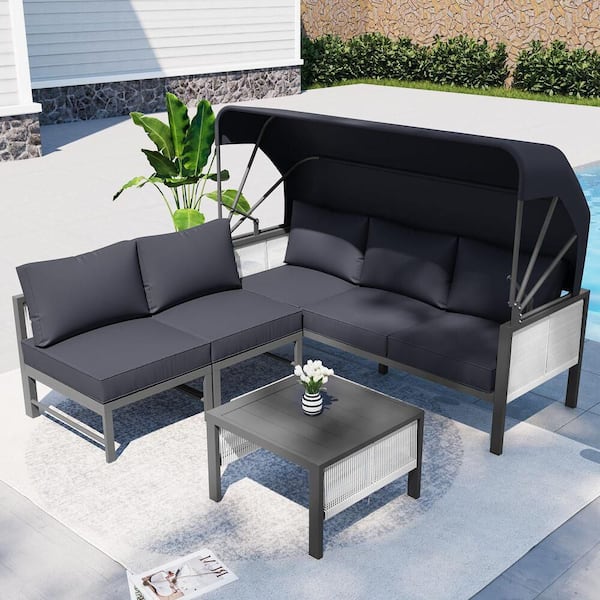 Sudzendf 4-Piece Gray Metal Patio Conversation Set with Dark Gray Cushions Retractable Canopy and Coffee Table