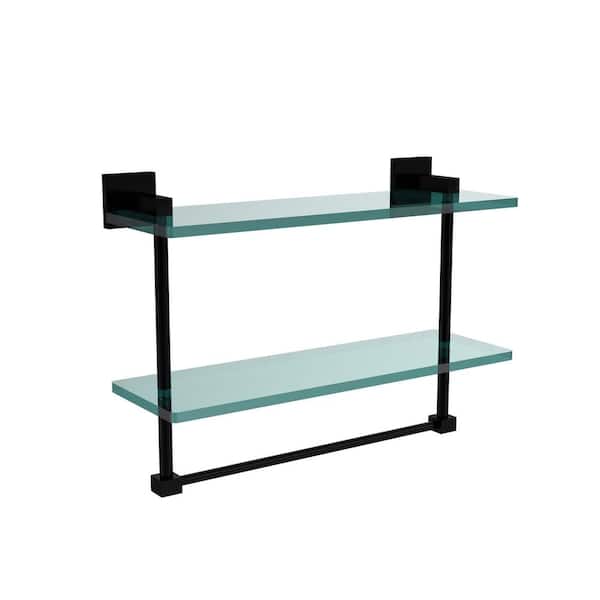 Allied Brass Montero 16 in. L x 11-3/4 in. H x 5-3/4 in. W 2-Tier Clear Glass Bathroom Shelf with Towel Bar in Matte Black