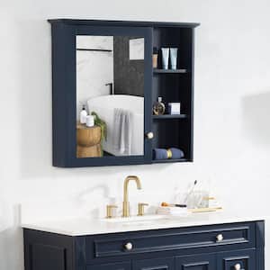 34 in. W x 30 in. H Medium Rectangular Blue Wood Frame Surface Mount Medicine Cabinet with Mirror
