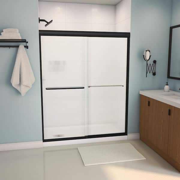 Aura 55-59 in. W x 71 in. H Sliding Semi Frameless Shower Door in Matte Black Finish with Fluted Glass with Towel Bar