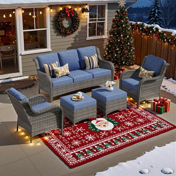 Clario 5-Piece Wicker Outdoor Furniture Patio Conversation Seating Set with Denim Blue Cushion & Ottomans for Backyard