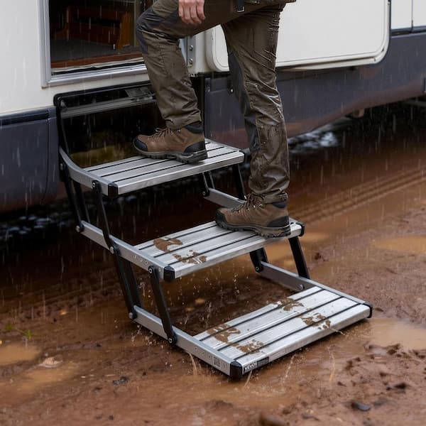 RV Steps, 3-Step, 440 lbs. Load Capacity, Manual Retractable RV Stairs, Telescopic Folding Aluminum Alloy Camper Steps