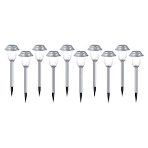 Brushed Nickel Integrated LED Outdoor Solar Landscape Path Light with Ribbed Glass Lens (10-Pack)